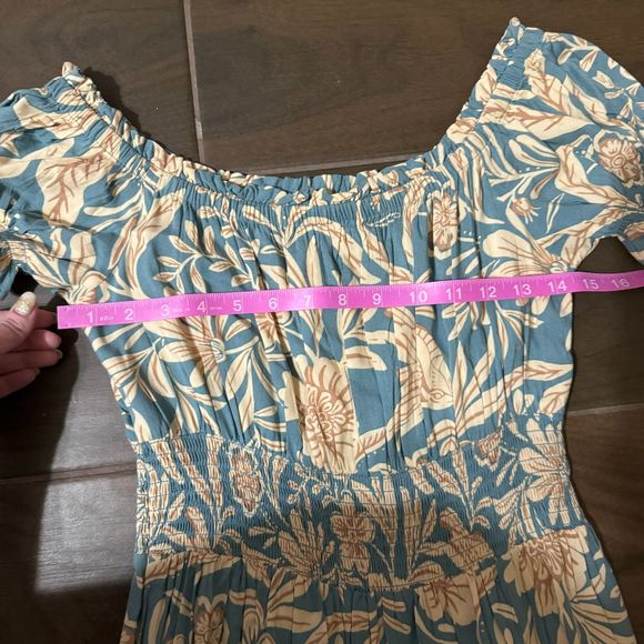 NWT Patrons of Peach Blue Floral Print Smocked Short Sleeve Maxi Dress Small - Picture 16 of 16